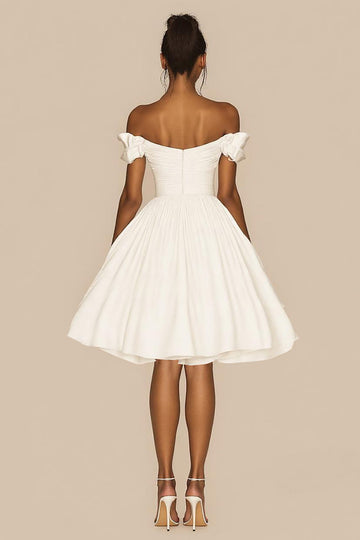 Off The Shoulder White A Line Satin Ruffled Graduation Dress